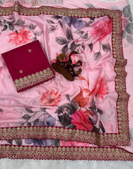 Lovely Pink Chinon Silk Work Saree