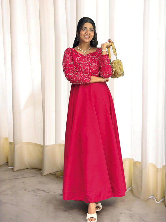 Trendy Red Roman Silk With Embroidery Work Gown