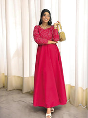 Trendy Red Roman Silk With Embroidery Work Gown