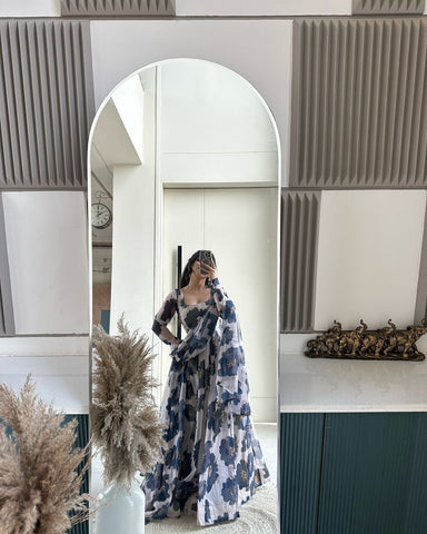 Delightful  digital printed Sky Blue Color Anarkali Gown
