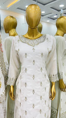 Preferable Chinnon Silk Sequence Work White Color Palazzo Suit
