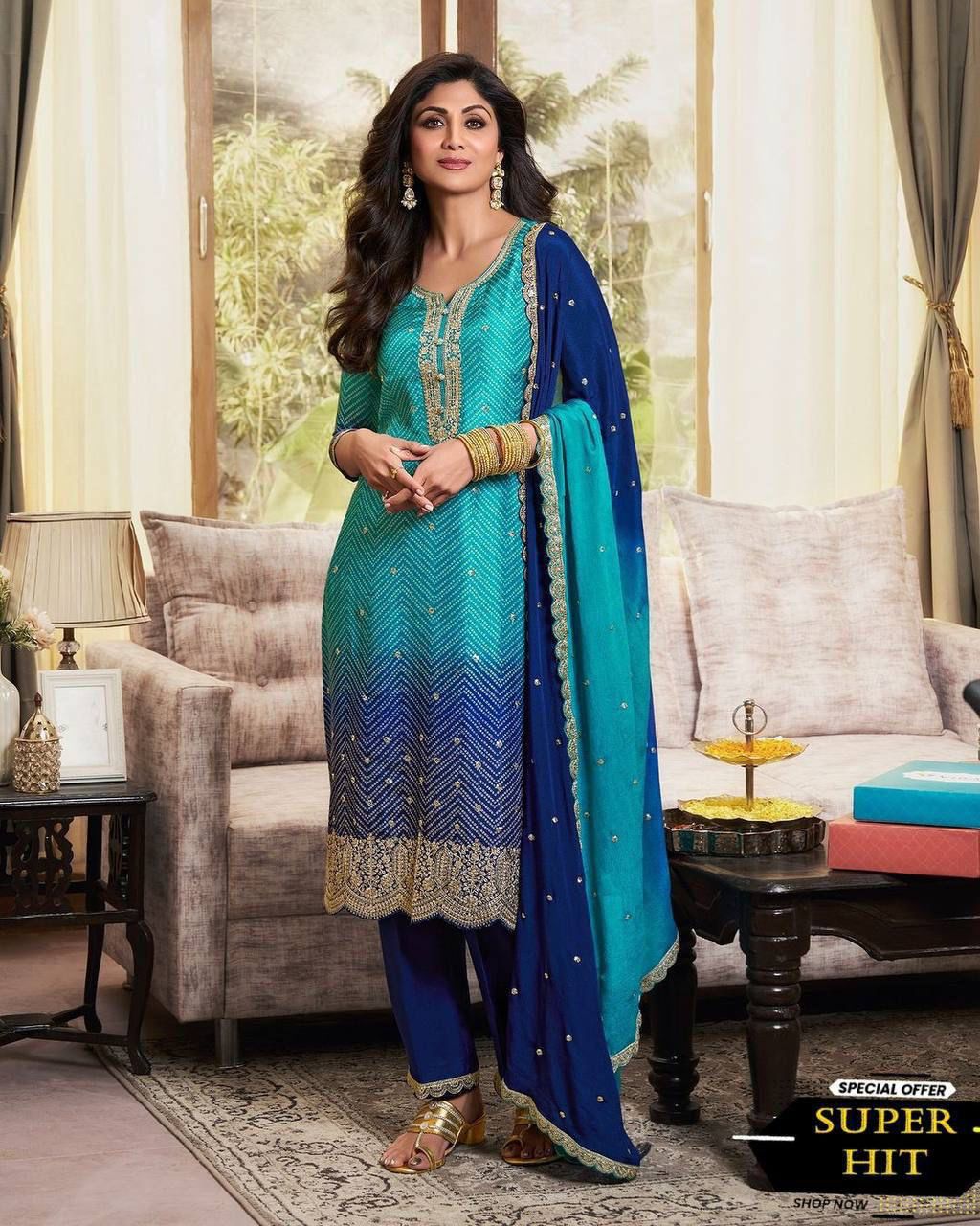 Precious Embroidery Work Sky Blue With Navy Blue Color Salwar Suit