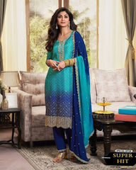 Precious Embroidery Work Sky Blue With Navy Blue Color Salwar Suit