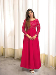 Trendy Red Roman Silk With Embroidery Work Gown