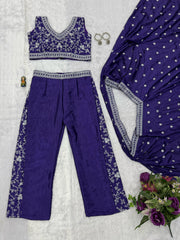 Party Wear Embroidery Work Navy Blue Color Palazzo Set