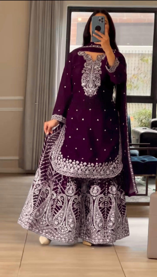 Good Looking Chinnon Silk Wine Color Sharara Suit