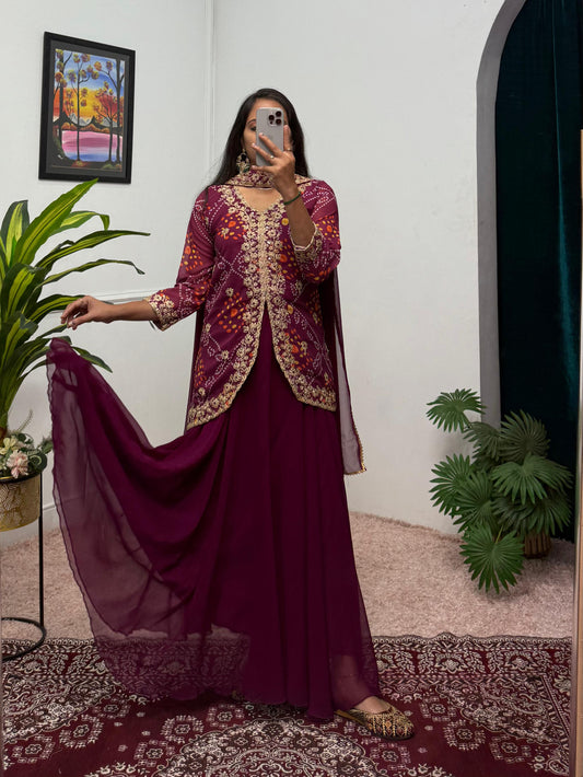 Outstanding Embroidery Work Purple Color Gown Koti With Dupatta
