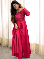 Trendy Red Roman Silk With Embroidery Work Gown