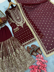 Designer Maroon Georgette Sequence Work Sharara Suit