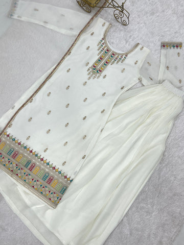Charming White Silk Fancy Embroidery Sharara Suit