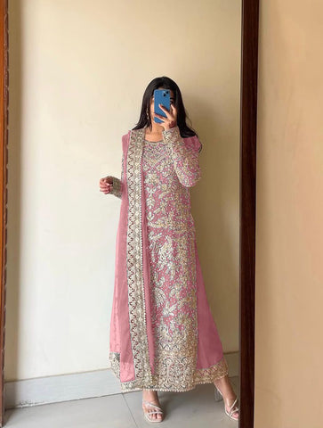 Peaceful Heavy Embroidery Work Pink Color Palazzo With Dupatta Set