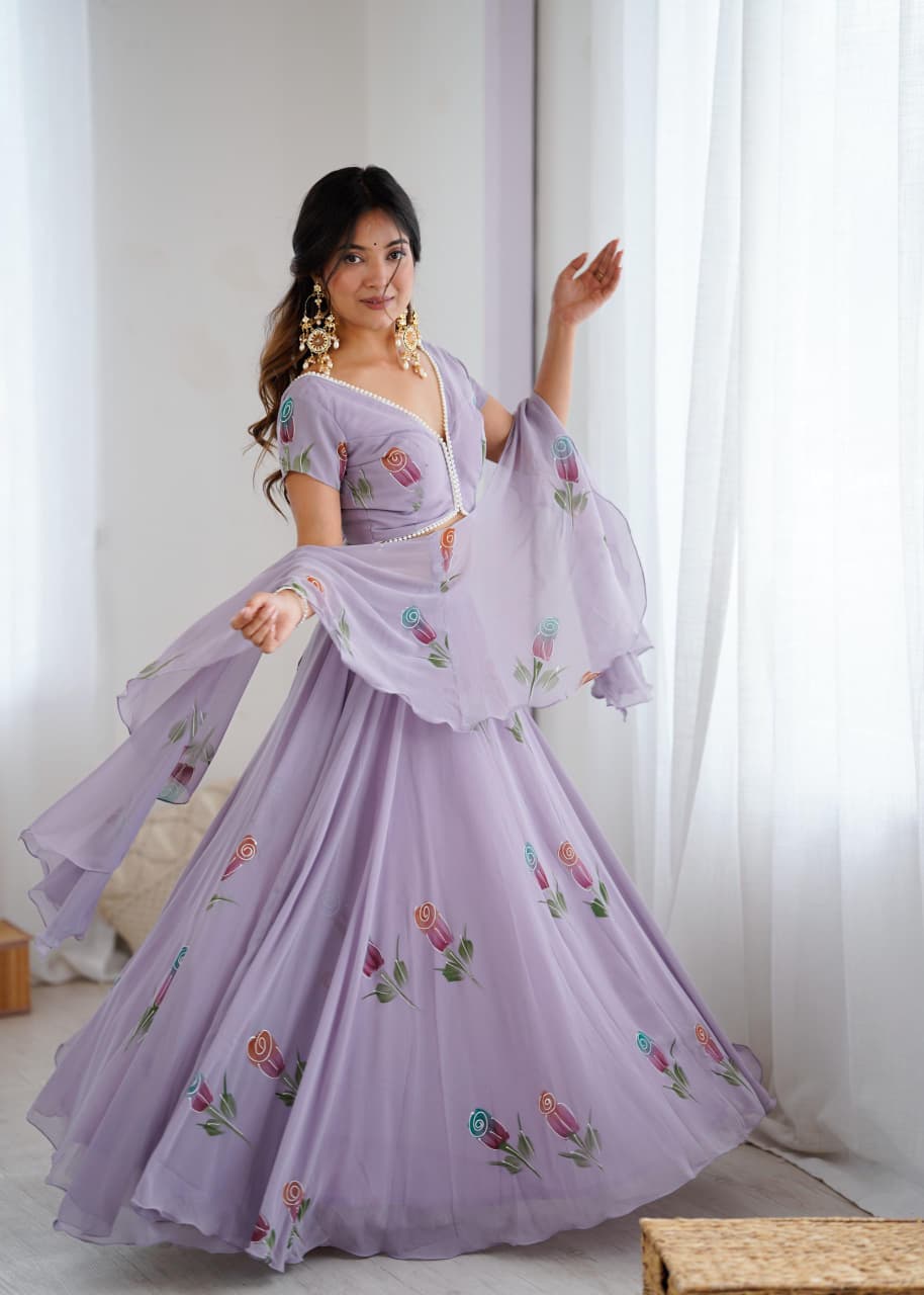 Stylish Lavender Hand Painted Lehenga Set