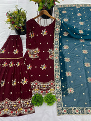 Designer Heavy Maroon Color Sharara Suit With Dupatta