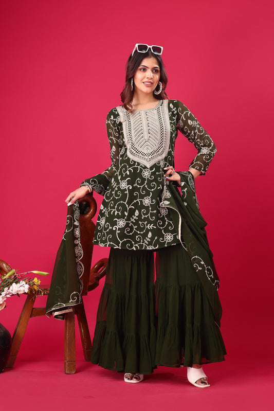 Captivating Georgette Embroidery Work Green Color Sharara Suit