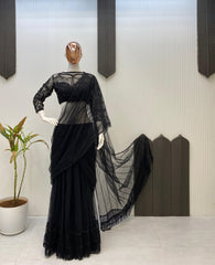Black Color Embroidery Work Stylish Lehenga Saree