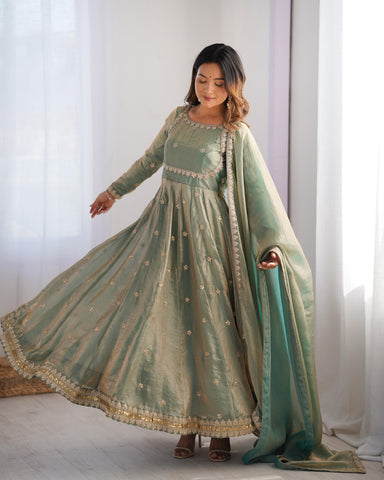 Shining Sequence Work Green Color Silk Gown