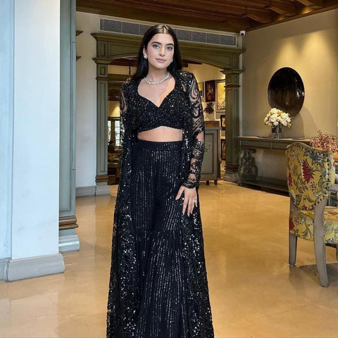 Party Wear Butterfly Net Black Color Palazzo Choli With Shrug