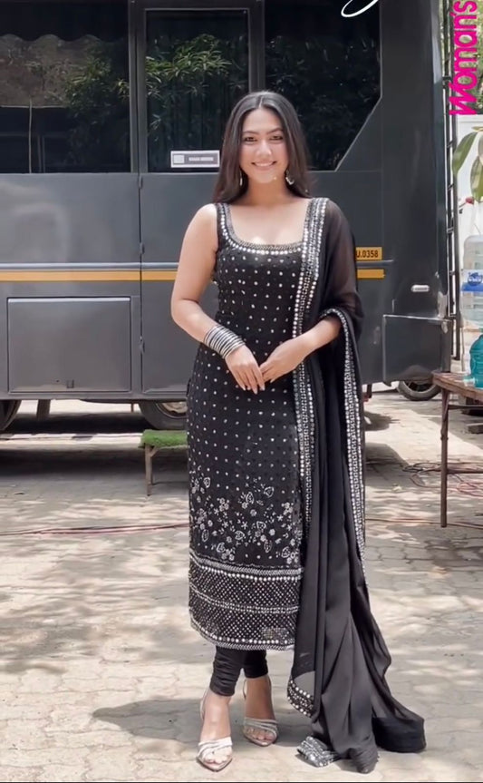 Gorgeous Black Georgette Thread Work Sharara Suit