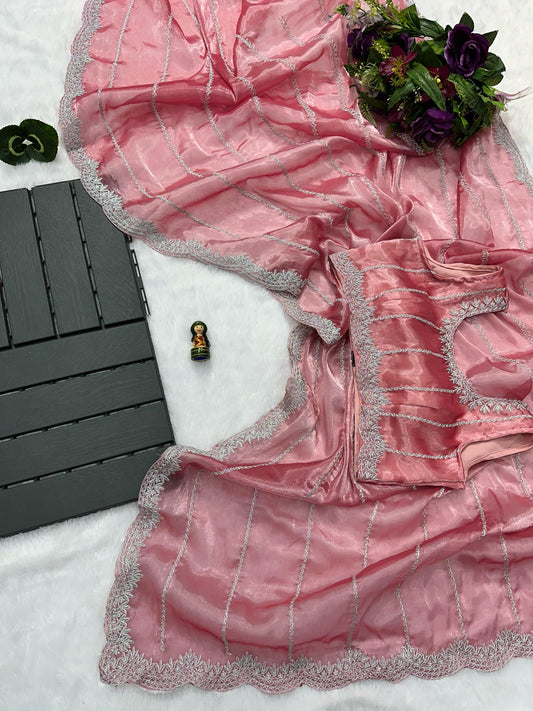 Peaceful Embroidery Zari Work Pink Color Saree