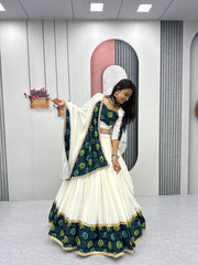 Navratri Wear White Rayon Cotton Ajrakh Print Lehenga Choli