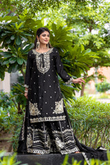 Demanding Embroidery Sequence Work Black Color Sharara Suit