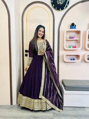 Designer Sequence Work Long Wine Gown WIth Dupatta
