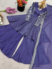 Stylish Purple Crunchy Silk Sequence Work Sharara Suit