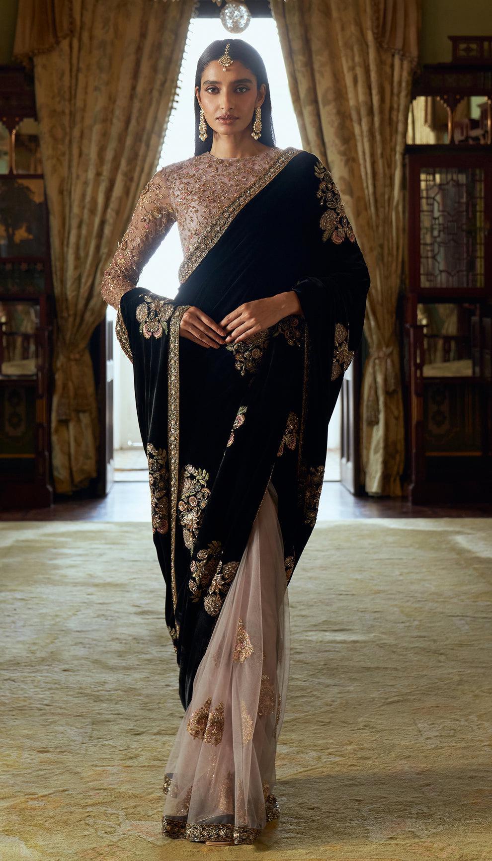 Designer Black Velvet with Dori Work Net Saree