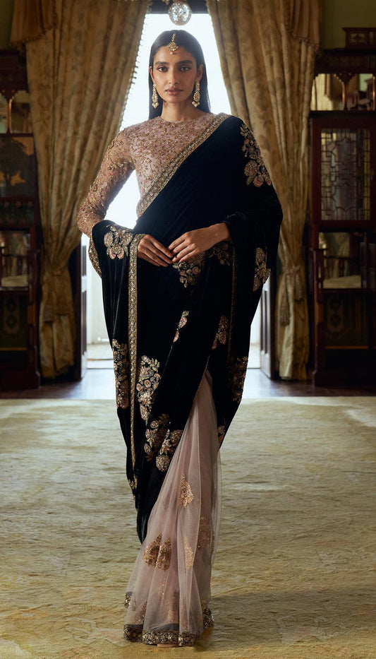 Designer Black Velvet with Dori Work Net Saree