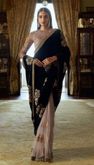 Designer Black Velvet with Dori Work Net Saree