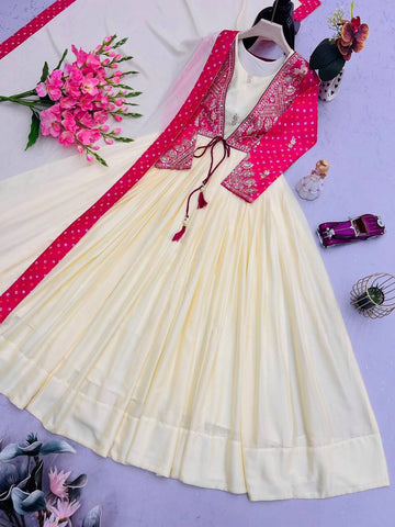 Trendy Pink Silk Embroidery Work Gown