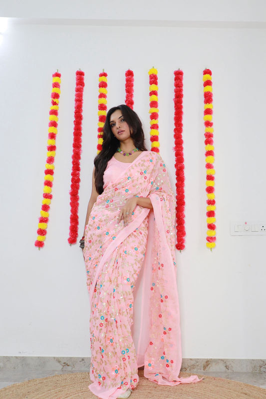 Multi Sequence Work Pink Color Saree