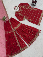 Designer Red Chinon Silk Sequence Work Sharara Suit