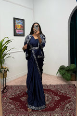 Wonderful Embroidery Work Navy Blue Color Saree With Koti