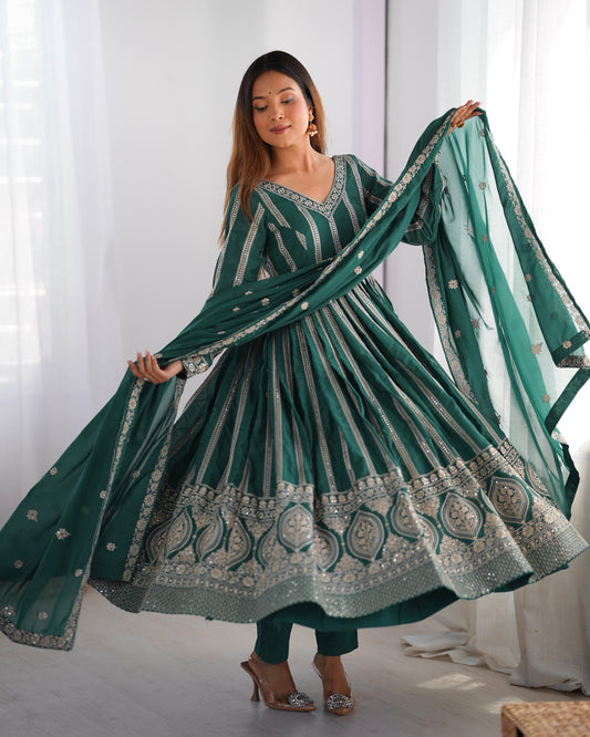 Demanding Sequence Work Teal Green Color Gown