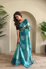 Wonderful Teal Green Color Flower Print Silk Saree