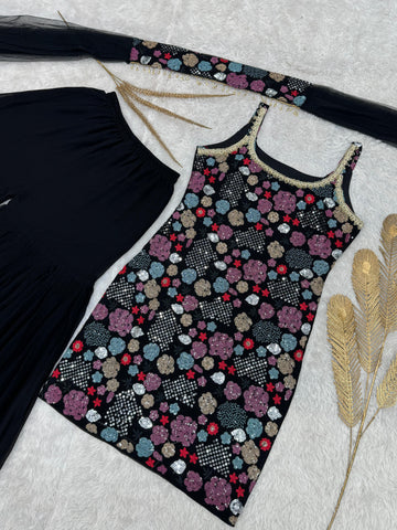 Pretty Black Georgette Sequence Work Sharara Suit