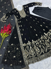 Adorable Embroidery Sequence Work Black Color Gown