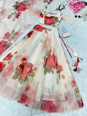 Admiring White Organza Floral Printed Lehenga Choli