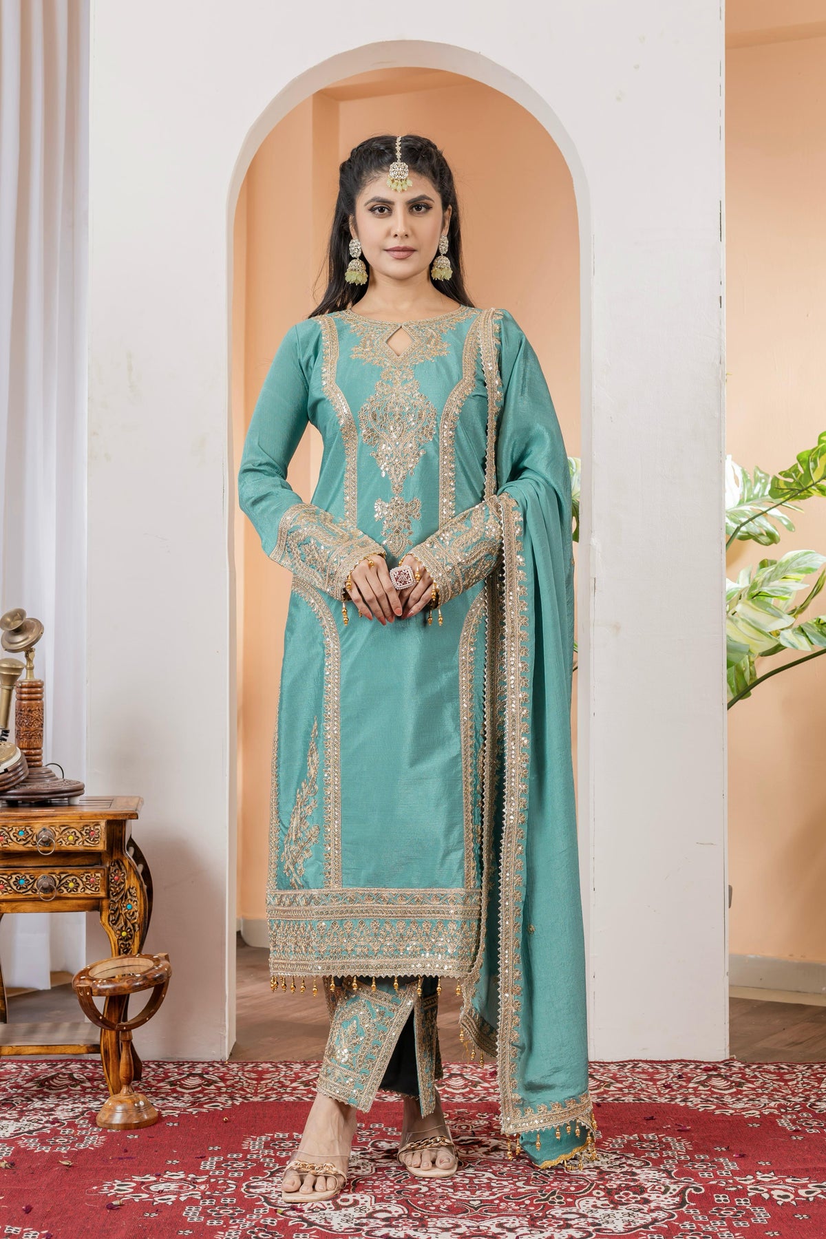 Imposing Chinon Silk Teal Blue Color Top With Plazzo
