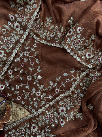 Designer Embroidery Work Brown Color Saree