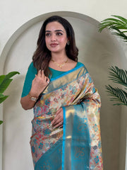 Demanding Kanchipuram Teal Blue Color Saree