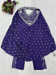 Party Wear Embroidery Work Navy Blue Color Palazzo Set