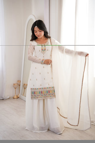 Charming White Silk Fancy Embroidery Sharara Suit