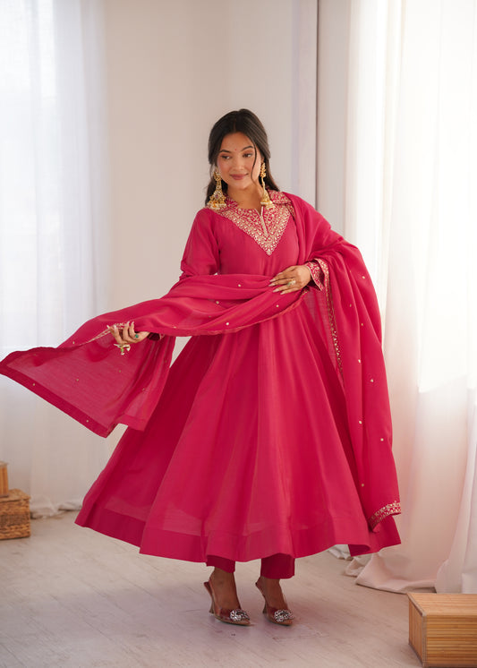 Adorable Pink Roman Shimmer Silk Anarkali Suit