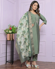 Gorgeous Pista Green Hand Work Kurti Set With Organza Dupatta