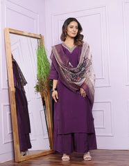 Lovely V Neck Wine Straight Kurti Palazzo Suit