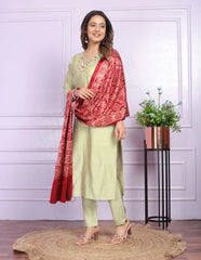 Beautiful Pista Color Soft Silk Straight Kurti Set With Silk Dupatta