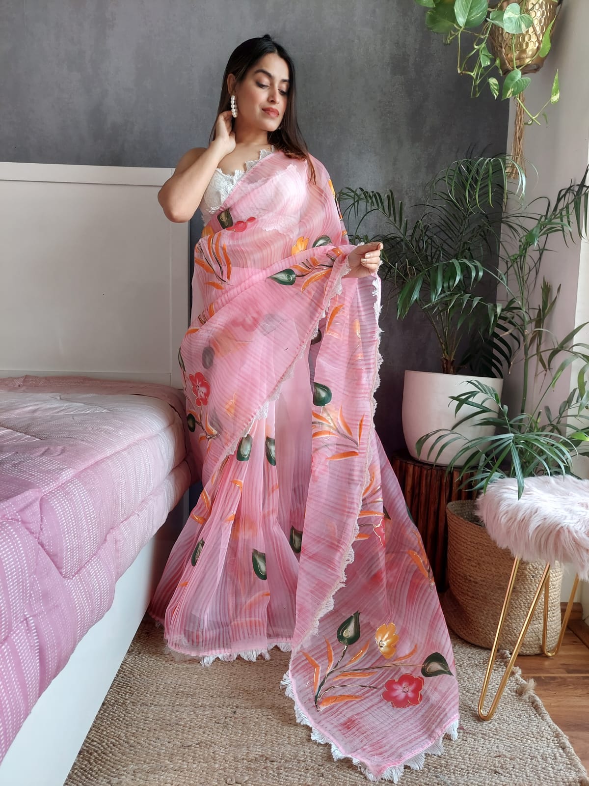 Handprint Flower Print Organza Light Pink Color Saree