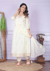 Lovely Embroidery Work Off White Color Nayra Cut Kurti Pair